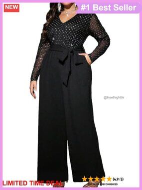 Plus Size Long Sleeve Sequin V Neck Wide Leg Jumpsuit with Pockets